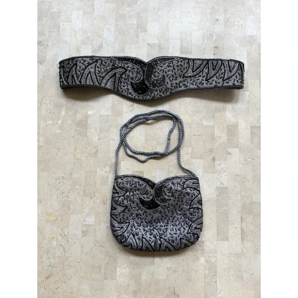Vintage 80s Gray Beaded‎ Set Evening Bag Purse Handbag Matching Belt Art Deco